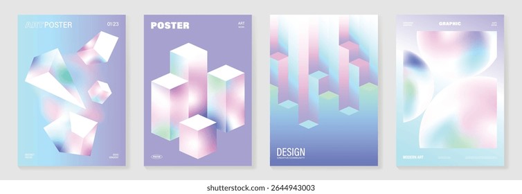 Modern gradient liquid glass poster background vector set.Cover template with perspective geometric prism shape. Ideal design for social media, cover, banner, wallpaper, promotion, ads.