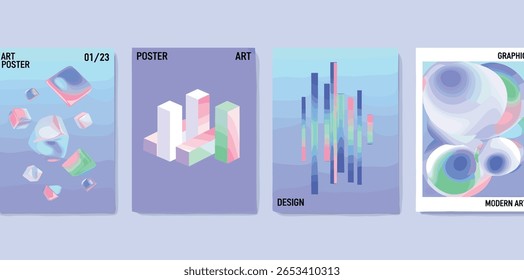 Moderno gradiente líquido vidro poster fundo vetor set.Cover modelo com perspectiva geométrica prisma forma. 