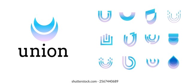 Modern gradient logos with blue and purple hues symbolizing unity, innovation, collaboration. Logo set for branding, tech companies, or community organizations. Abstract Letter U. Vector symbol