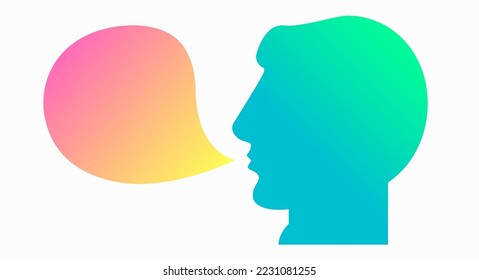 Modern gradient male head silhouette and speech bubble  Flat vector illustration isolated white background 