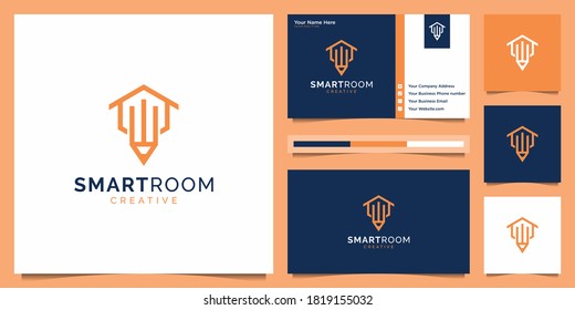 Modern gradient pencil and home with liner style. Creative room logo design and business card.