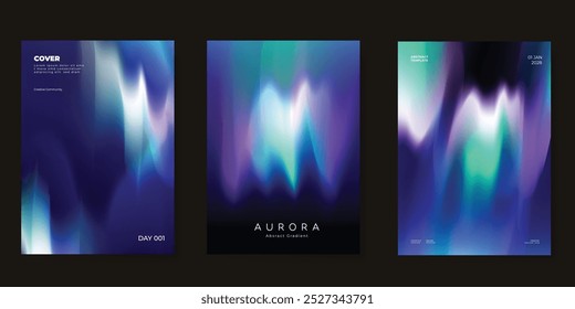 Modern gradient poster aurora design vector set. Minimalist cover template with vibrant northern light collection. Ideal design for background, social media, cover, banner, flyer, ads.