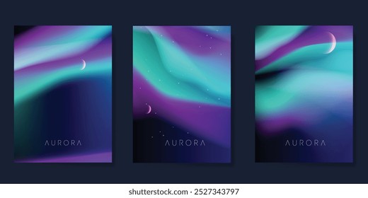 Modernes Farbverlauf-Poster-Aurora-Design-Vektorset. Minimalistische Cover-Vorlage mit lebendigem Nordlicht, Mondkollektion. Ideales Design für Hintergrund, Social Media, Cover, Banner, Flyer, Anzeigen.