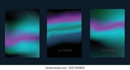 Modern gradient poster aurora design vector set. Minimalist cover template with vibrant northern light collection. Ideal design for background, social media, cover, banner, flyer, ads.