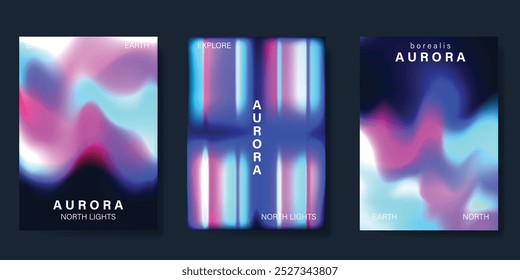 Conjunto de Vector de diseño de aurora de póster degradado moderno. Plantilla de cubierta minimalista con vibrante colección de luz del norte. Diseño ideal para fondo, redes sociales, portada, Anuncio, flyer, anuncios.