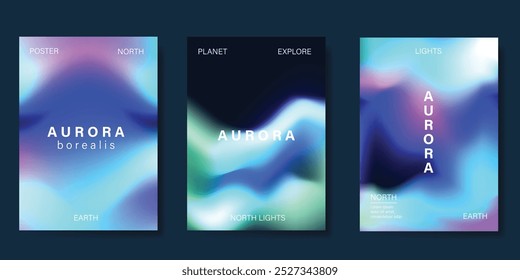 Modern gradient poster aurora design vector set. Minimalist cover template with vibrant northern light collection. Ideal design for background, social media, cover, banner, flyer, ads.