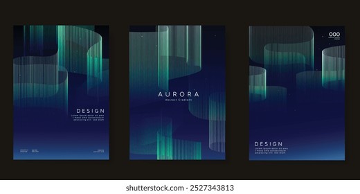 Modern gradient poster aurora design vector set. Minimalist cover template with vibrant northern light line collection. Ideal design for background, social media, cover, banner, flyer, ads.