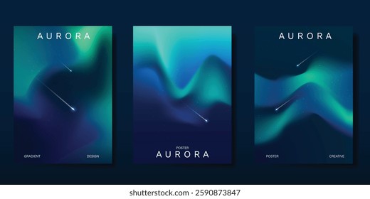 Modern gradient poster aurora design vector set. Minimalist cover template with vibrant northern light collection. Ideal design for background, social media, cover, banner, flyer, ads.