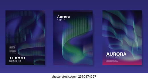 Modern gradient poster aurora design vector set. Minimalist cover template with vibrant northern light collection. Ideal design for background, social media, cover, banner, flyer, ads.