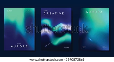 Modern gradient poster aurora design vector set. Minimalist cover template with vibrant northern light collection. Ideal design for background, social media, cover, banner, flyer, ads.