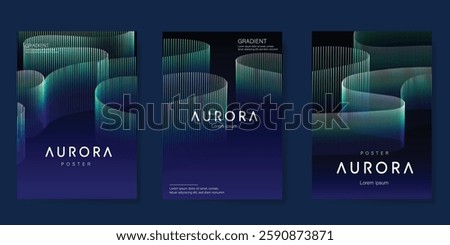Modern gradient poster aurora design vector set. Minimalist cover template with vibrant northern light collection. Ideal design for background, social media, cover, banner, flyer, ads.