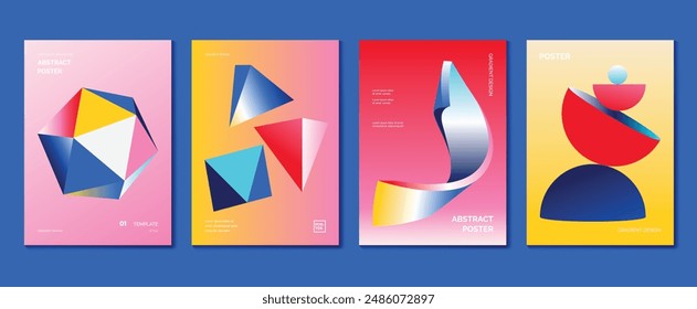 Modern gradient poster background vector set. Minimalist style cover template with vibrant perspective 3d geometric prism shapes collection. Ideal design for social media, cover, banner, flyer.