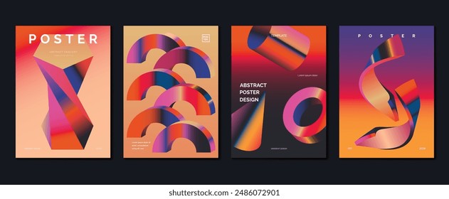 Modern gradient poster background vector set. Minimalist style cover template with vibrant perspective 3d geometric prism shapes collection. Ideal design for social media, cover, banner, flyer.