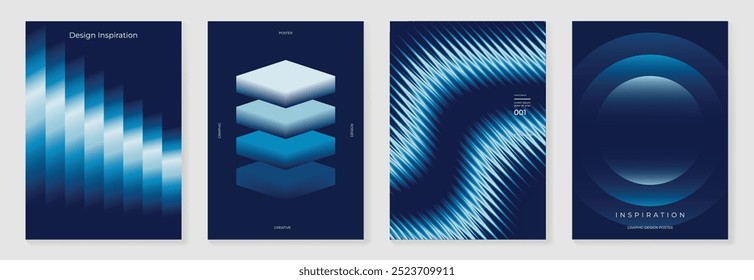 Modern gradient poster background vector set. Abstract cover template with monotone perspective geometric prism shape and halftone. Ideal design for social media, cover, banner, flyer.
