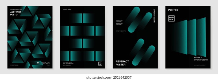 Modern gradient poster background vector set. Minimalist cover template with monotone perspective geometric prism shapes, halftone collection. Ideal design for social media, cover, banner, flyer.