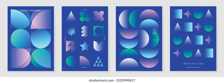 Modern gradient poster background vector set. Minimalist cover template with vibrant perspective geometric prism shapes collection. Ideal design for social media, cover, banner, flyer.