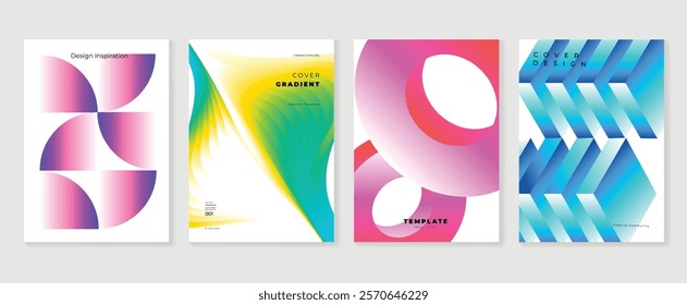 Modern gradient poster background vector set. Minimalist cover template with vibrant perspective geometric prism shapes in motion. Ideal design for social media, cover, banner, flyer.