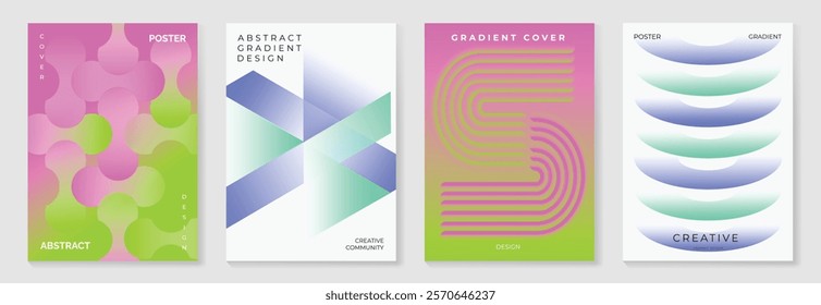 Modern gradient poster background vector set. Minimalist cover template with vibrant perspective geometric prism shapes in motion. Ideal design for social media, cover, banner, flyer.