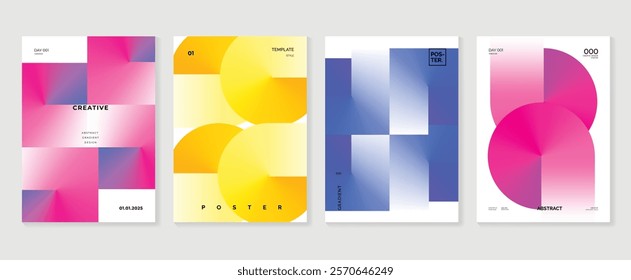 Modern gradient poster background vector set. Minimalist cover template with vibrant perspective geometric prism shapes in motion. Ideal design for social media, cover, banner, flyer.