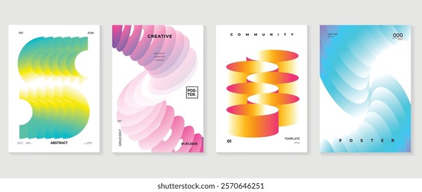 Modern gradient poster background vector set. Minimalist cover template with vibrant perspective geometric prism shapes in motion. Ideal design for social media, cover, banner, flyer.