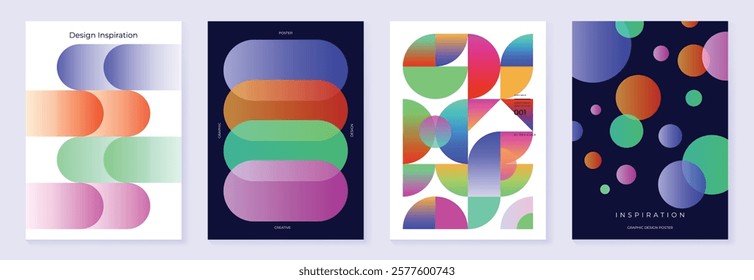 Modern gradient poster background vector set. Minimalist cover template with vibrant perspective geometric prism shapes in motion. Ideal design for social media, cover, banner, flyer.