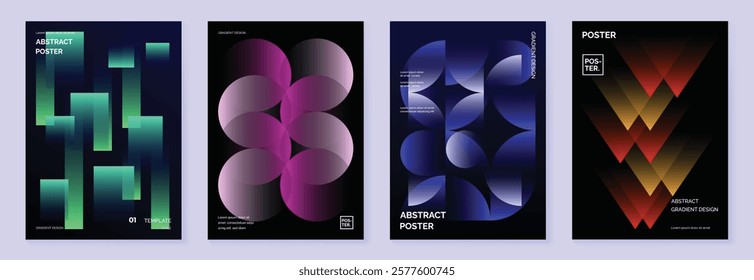 Modern gradient poster background vector set. Minimalist cover template with vibrant perspective geometric prism shapes in motion. Ideal design for social media, cover, banner, flyer.