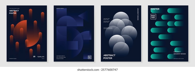 Modern gradient poster background vector set. Minimalist cover template with vibrant perspective geometric prism shapes in motion. Ideal design for social media, cover, banner, flyer.