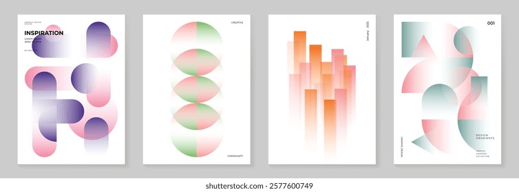 Modern gradient poster background vector set. Minimalist cover template with vibrant perspective geometric prism shapes in motion. Ideal design for social media, cover, banner, flyer.