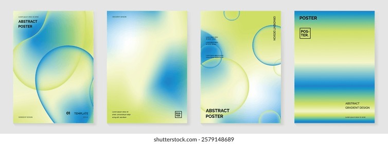 Modern gradient poster background vector set. Minimalist cover template with green and blue perspective geometric prism shapes in motion. Ideal design for social media, banner, spring season card.