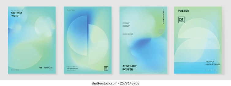 Modern gradient poster background vector set. Minimalist cover template with green and blue perspective geometric prism shapes in motion. Ideal design for social media, banner, spring season card.