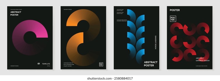 Modern gradient poster background vector set. Minimalist cover template with vibrant perspective geometric prism shapes in motion. Ideal design for social media, cover, banner, flyer.