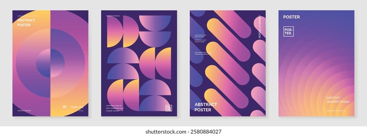 Modern gradient poster background vector set. Minimalist cover template with vibrant perspective geometric prism shapes in motion. Ideal design for social media, cover, banner, flyer.