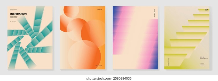 Modern gradient poster background vector set. Minimalist cover template with vibrant perspective geometric prism shapes in motion. Ideal design for social media, cover, banner, flyer.