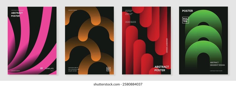 Modern gradient poster background vector set. Minimalist cover template with vibrant perspective geometric prism shapes in motion. Ideal design for social media, cover, banner, flyer.