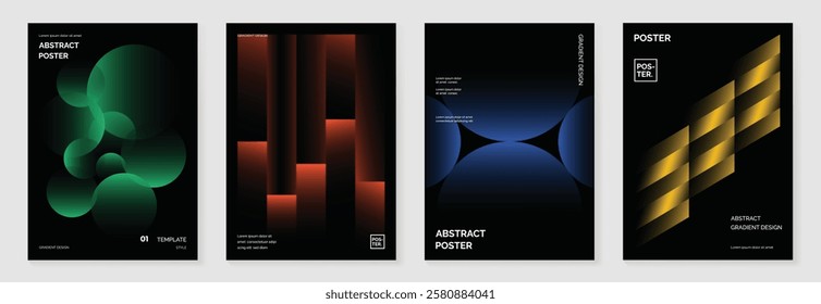 Modern gradient poster background vector set. Minimalist cover template with vibrant perspective geometric prism shapes in motion. Ideal design for social media, cover, banner, flyer.