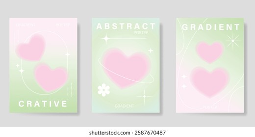 Modern gradient poster background vector set. Minimalist poster summer and spring cover template with green geometric, heart, flower. Ideal design for social media, banner, card, ads.