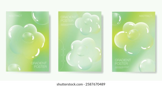 Modern gradient poster background vector set. Minimalist poster summer and spring cover template with green flower, bubble. Ideal design for social media, banner, card, ads.