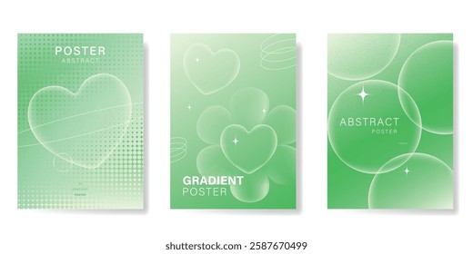 Modern gradient poster background vector set. Minimalist poster summer and spring cover template with green geometric, flower, heart, dot halftone. Ideal design for social media, banner, card, ads.