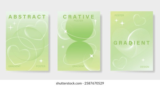 Modern gradient poster background vector set. Minimalist poster summer and spring cover template with green geometric, heart, saturn. Ideal design for social media, banner, card, ads.