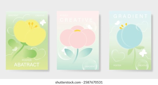 Modern gradient poster background vector set. Minimalist poster summer and spring cover template with green geometric, heart, flower, butterfly. Ideal design for social media, banner, card, ads.