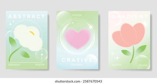 Modern gradient poster background vector set. Minimalist poster summer and spring cover template with green geometric, heart, flower. Ideal design for social media, banner, card, ads.