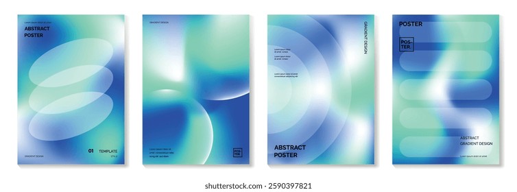 Modern gradient poster background vector set. Minimalist cover template with green and blue perspective geometric prism shapes in motion. Ideal design for social media, banner, spring season card.