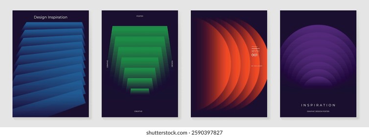 Modern gradient poster background vector set. Minimalist cover template with vibrant perspective geometric prism shapes in motion. Ideal design for social media, cover, banner, flyer.