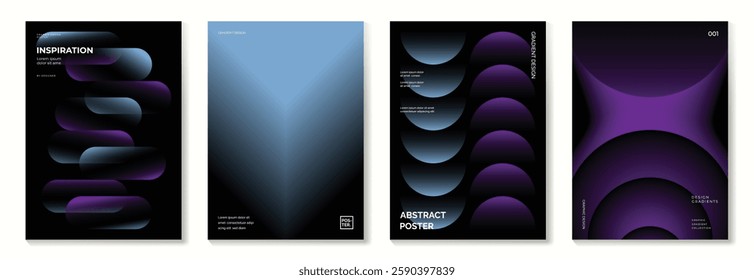 Modern gradient poster background vector set. Minimalist cover template with vibrant perspective geometric prism shapes in motion. Ideal design for social media, cover, banner, flyer.