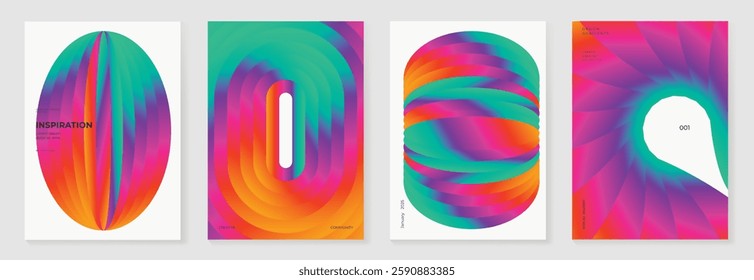 Modern gradient poster background vector set. Minimalist cover template with vibrant perspective geometric prism shapes in motion. Ideal design for social media, cover, banner, flyer.