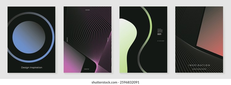Modern gradient poster background vector set. Minimalist cover template with vibrant perspective geometric prism shapes. Ideal design for social media, cover, banner, flyer.
