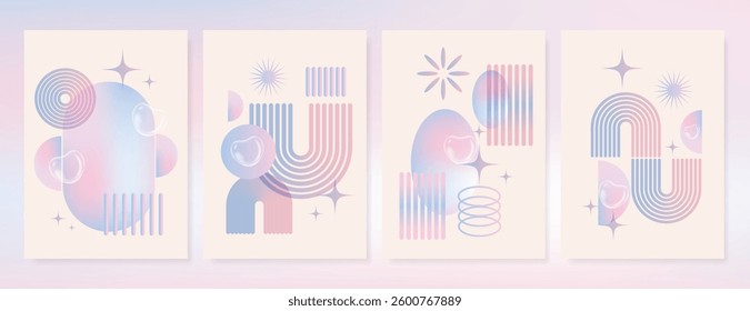 Modern gradient poster background vector set. Minimalist cover template with vibrant perspective geometric prism shapes and line. Ideal design for social media, cover, banner, flyer.