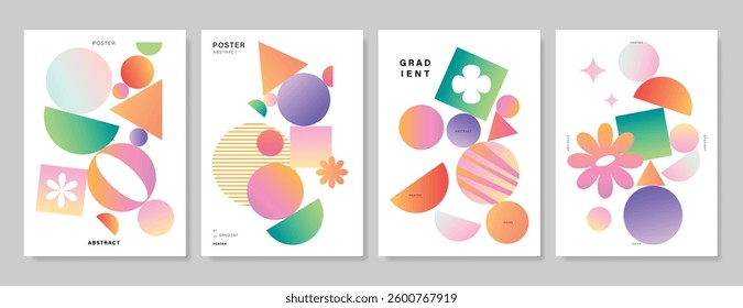 Modern gradient poster background vector set. Minimalist cover template with vibrant perspective geometric prism shapes and line. Ideal design for social media, cover, banner, flyer.
