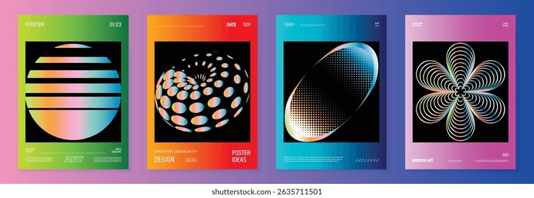 Modern gradient poster background vector set. Cover template with vibrant perspective geometric prism shapes, dot halftone, line. Ideal design for social media, cover, banner, flyer.