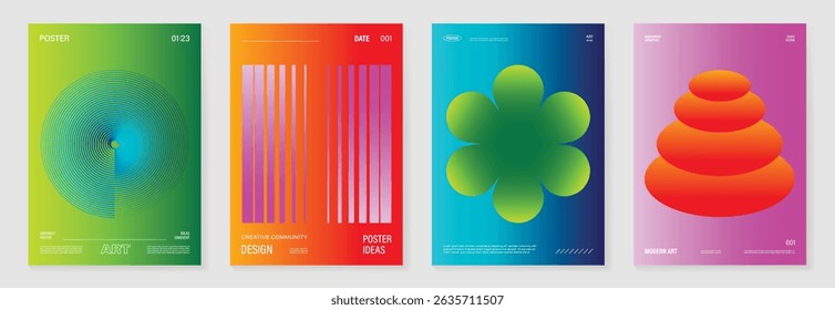 Modern gradient poster background vector set. Cover template with vibrant perspective geometric prism shapes. Ideal design for social media, cover, banner, flyer.
